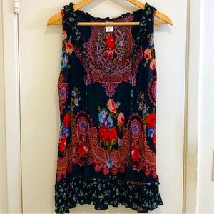 bila Open V-Neck Smocked Ditzy Floral Sleeveless BoHo Blouse Size XL